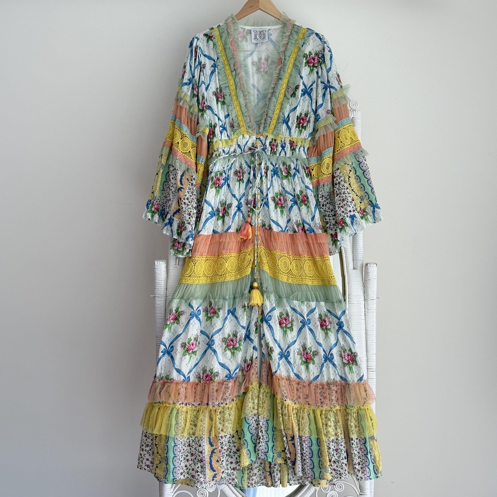 NJ Couture Maxi Dress Small Floral Tiered Patchwork Cotton Lace Kaftan Boho